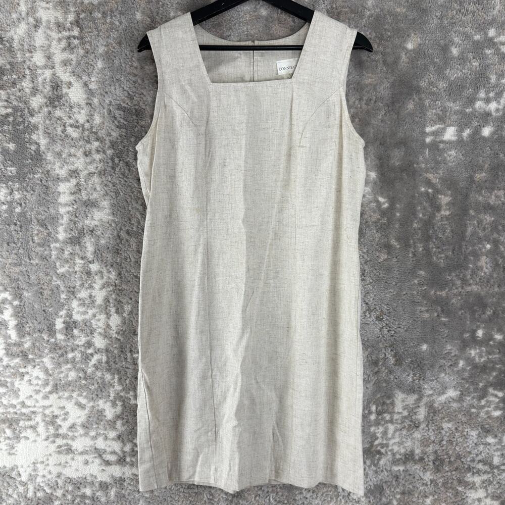 Connie Choi Size S Linen Blend Square Neck Mini Shift Dress Beige Sleeveless Zip